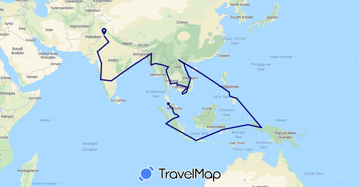 TravelMap itinerary: driving in Indonesia, India, Cambodia, Myanmar (Burma), Malaysia, Philippines, Singapore, Thailand, Vietnam (Asia)